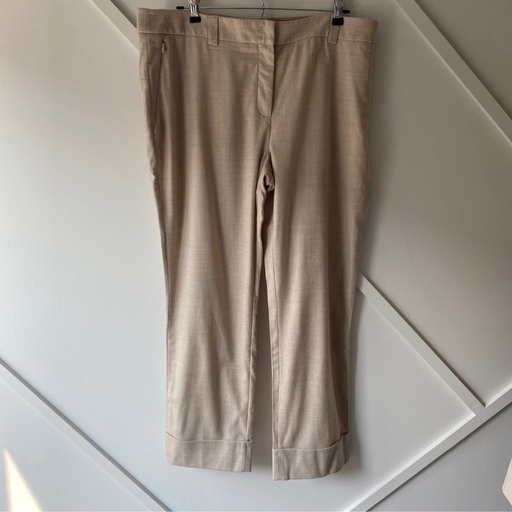 Akris Punto Straight Leg Wool Trousers Size 12 Oat Sand Cuffed Hem| Quiet Luxury